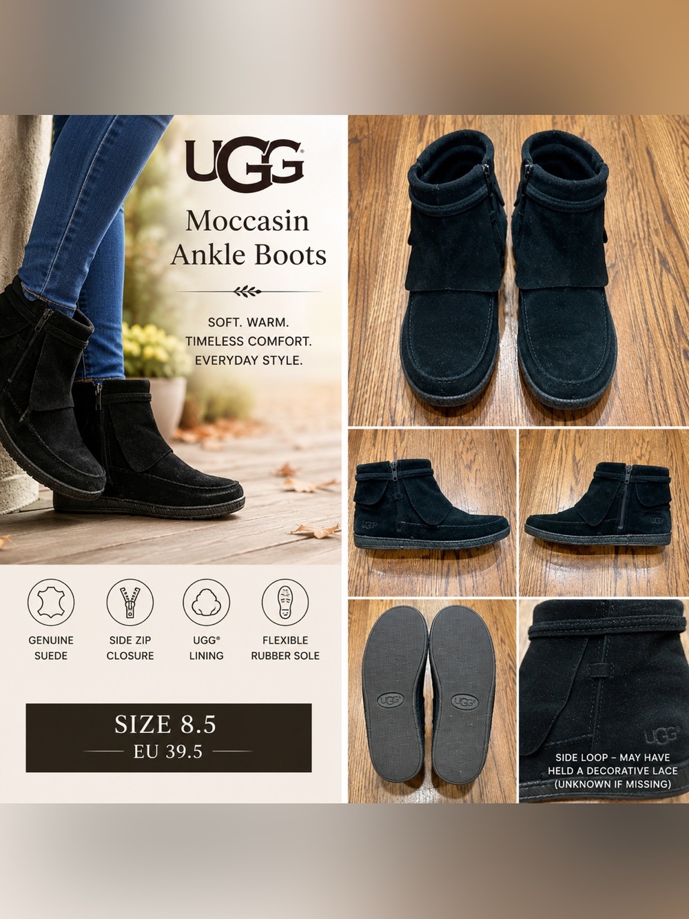 UGG Black Suede Moccasin Ankle Boots Size 8.5 Side Zip 
Missing Laces